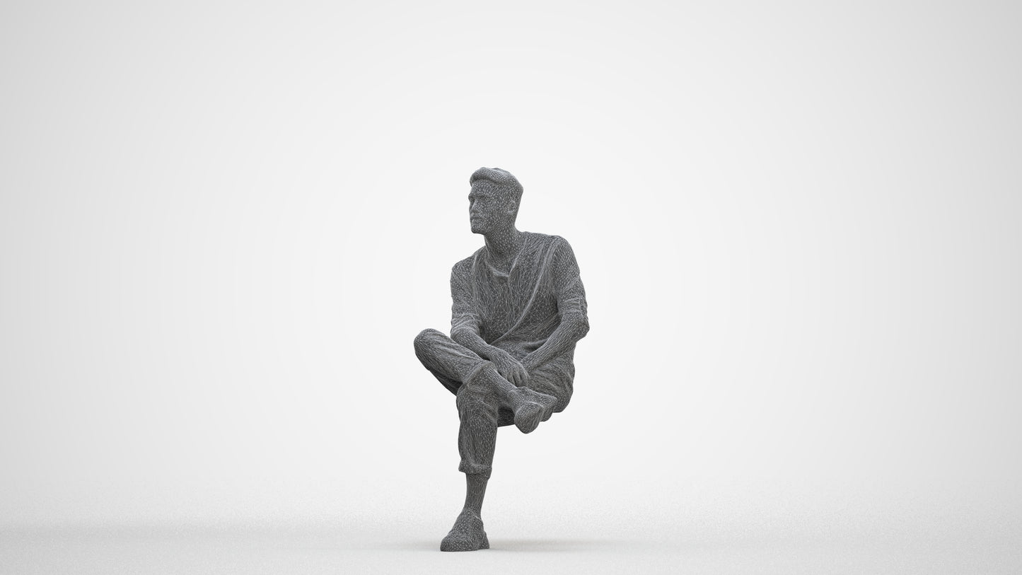 3D people model man casual sitting, scanned human for 3ds Max rendering, three-quarter front view render