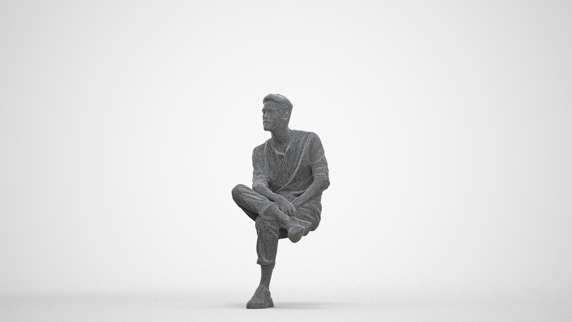 3D people model man casual sitting, scanned human for 3ds Max rendering, three-quarter front view render