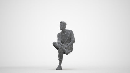 3D people model man casual sitting, scanned human for 3ds Max rendering, three-quarter front view render