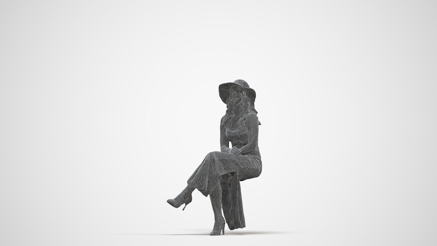 realistic 3D human woman casual sitting, archviz people FBX OBJ for Blender, three-quarter front view render