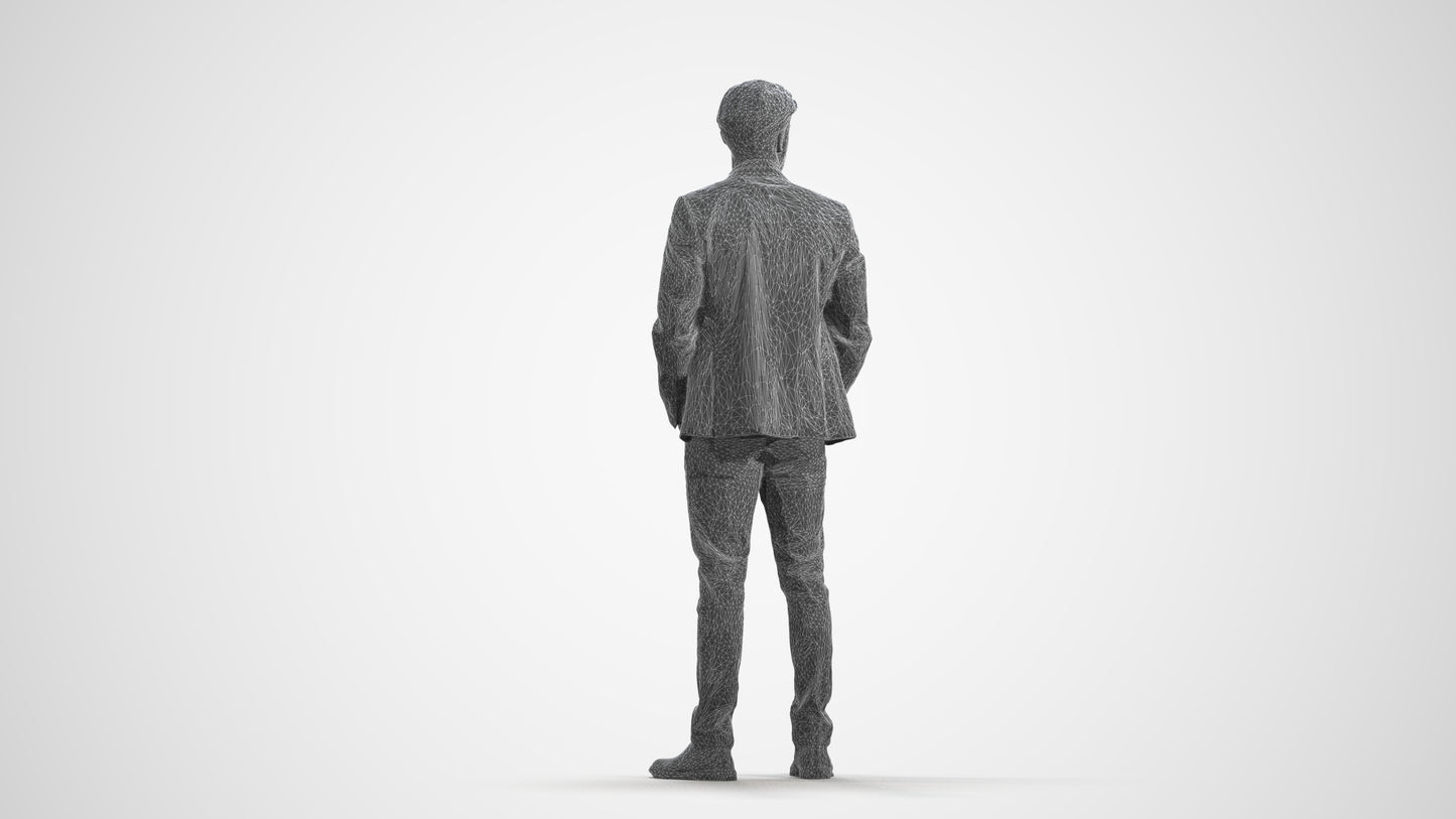 3D human model man business, photogrammetry scanned person for archviz, wireframe front view