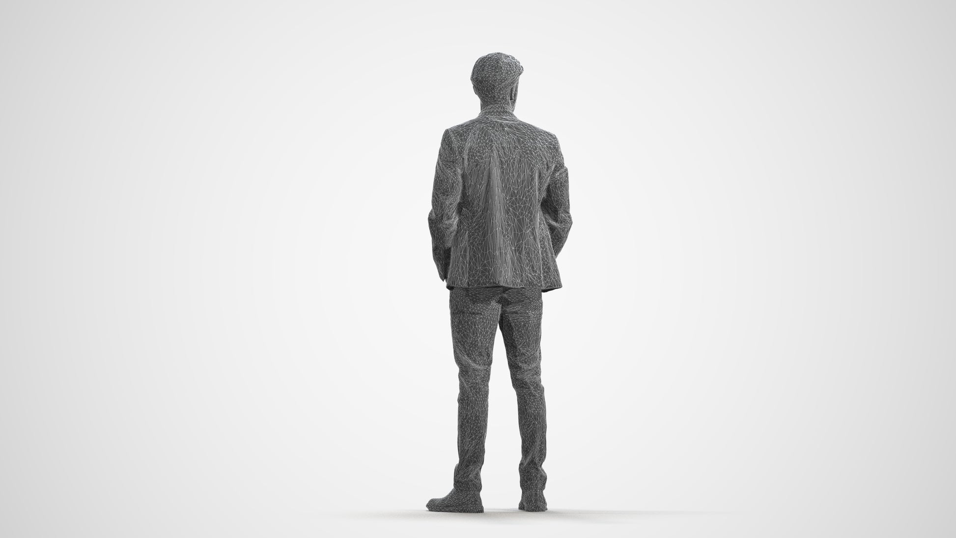 3D human model man business, photogrammetry scanned person for archviz, wireframe front view