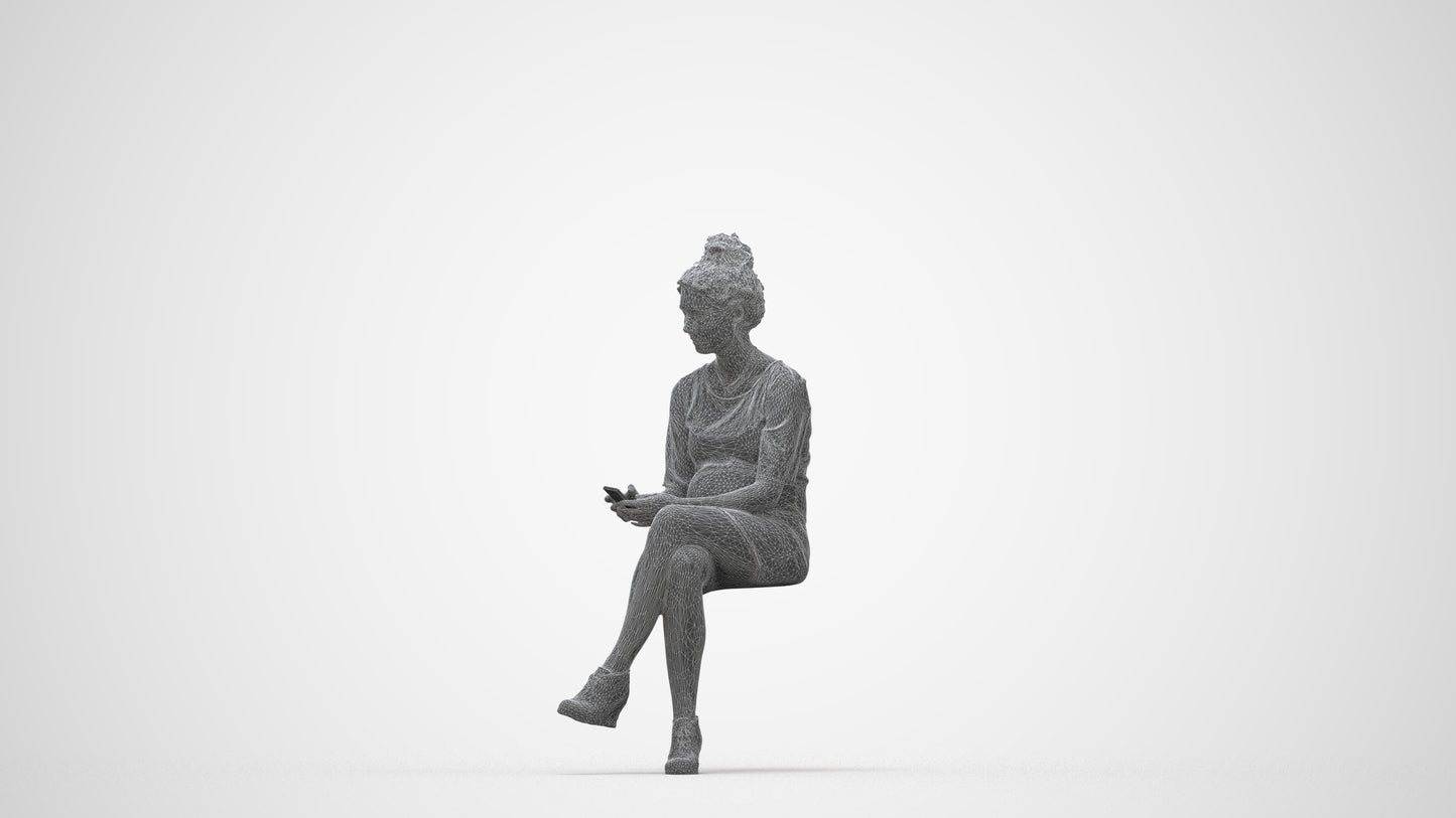 photogrammetry 3D woman casual sitting, realistic human model archviz FBX, wireframe back view