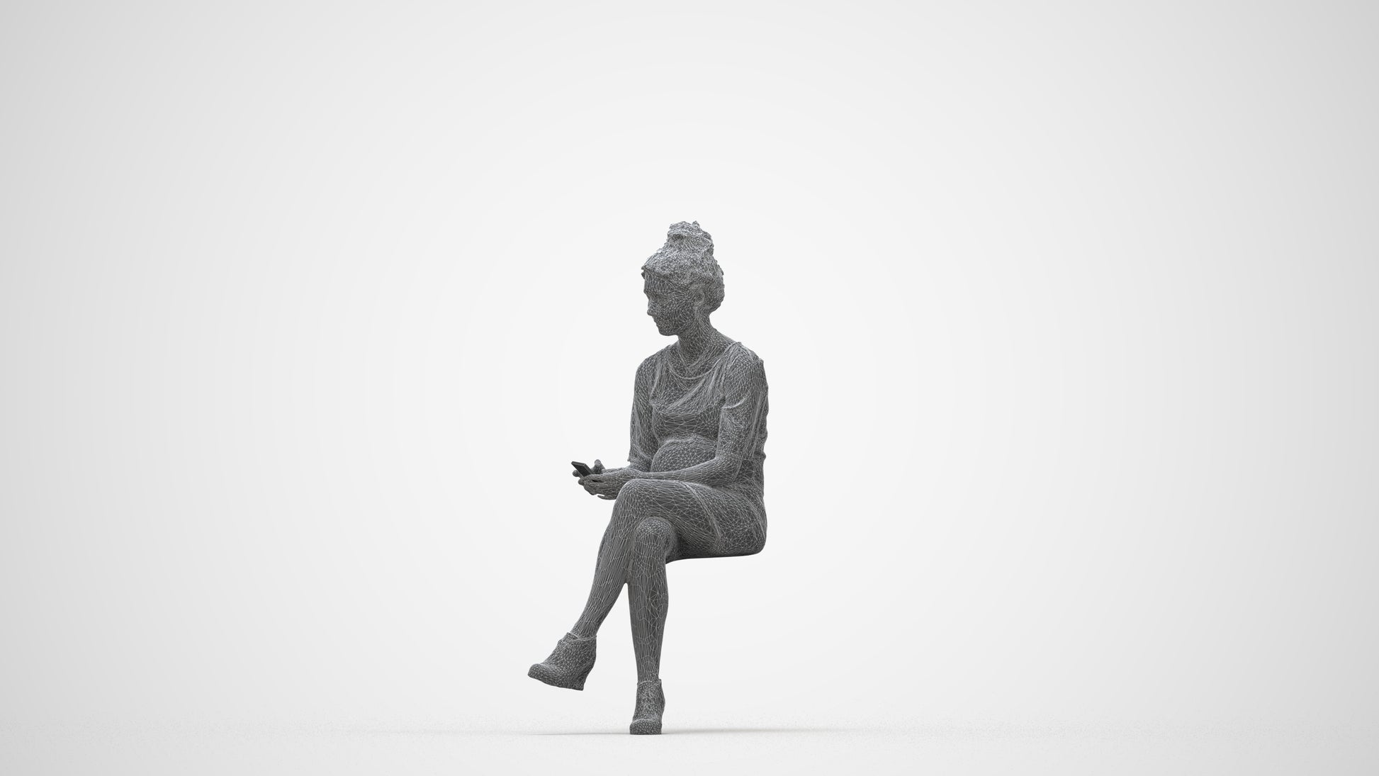 photogrammetry 3D woman casual sitting, realistic human model archviz FBX, wireframe back view