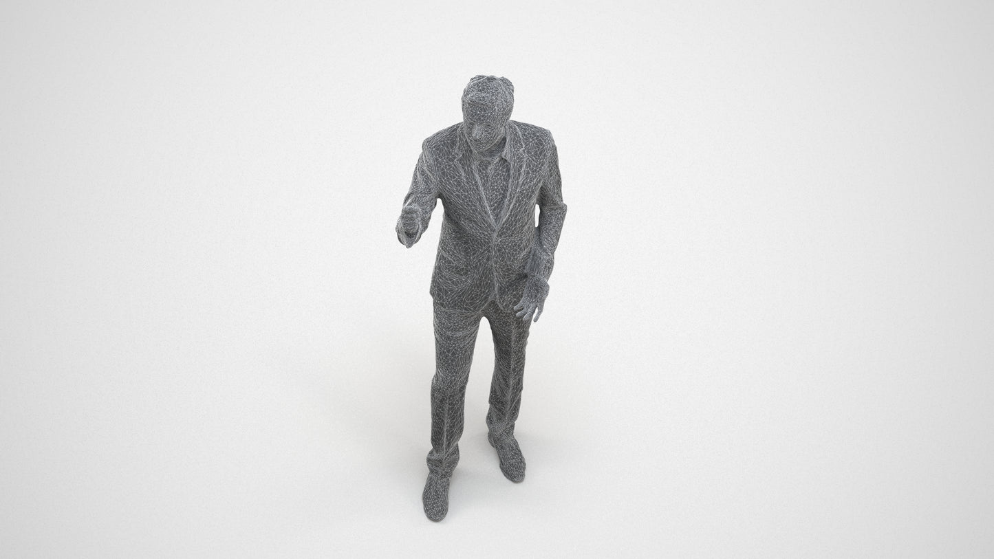 realistic 3D human man business, archviz people FBX OBJ for Blender, wireframe three-quarter view