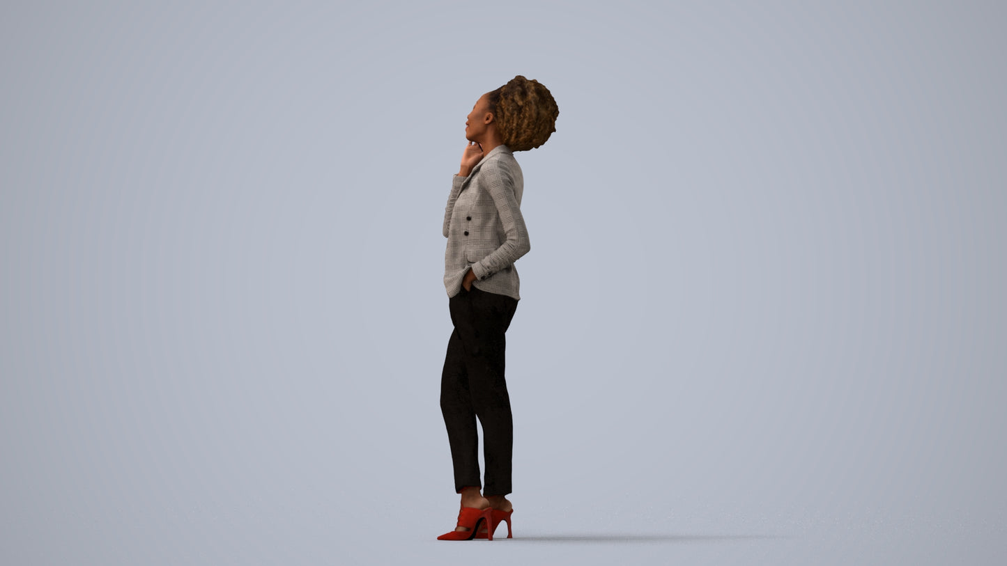 realistic 3D woman business standing, scanned archviz people for Blender and 3ds Max, three-quarter view render