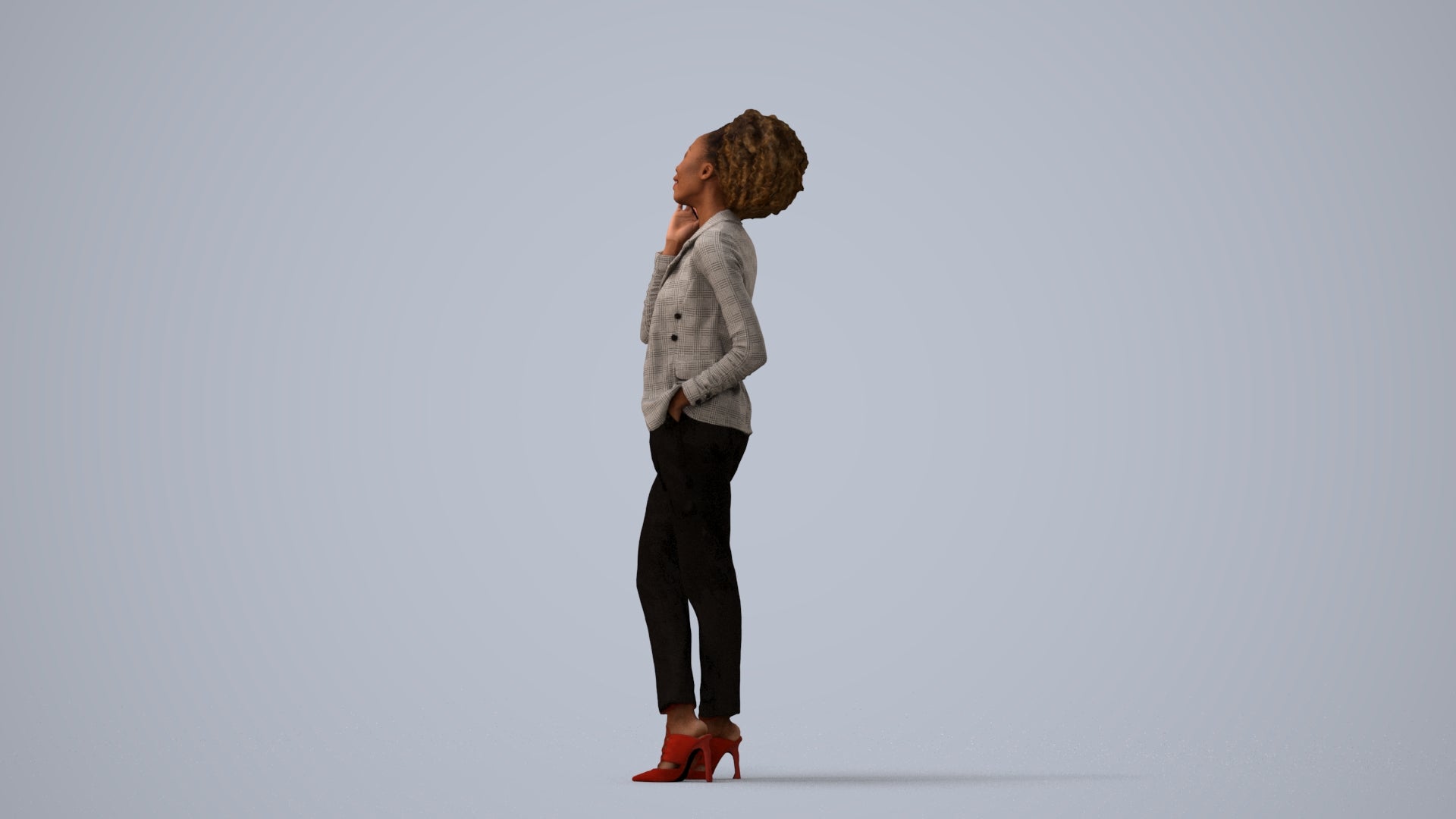 realistic 3D woman business standing, scanned archviz people for Blender and 3ds Max, three-quarter view render