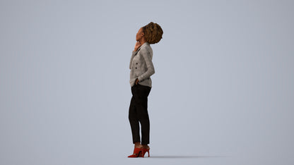 realistic 3D woman business standing, scanned archviz people for Blender and 3ds Max, three-quarter view render