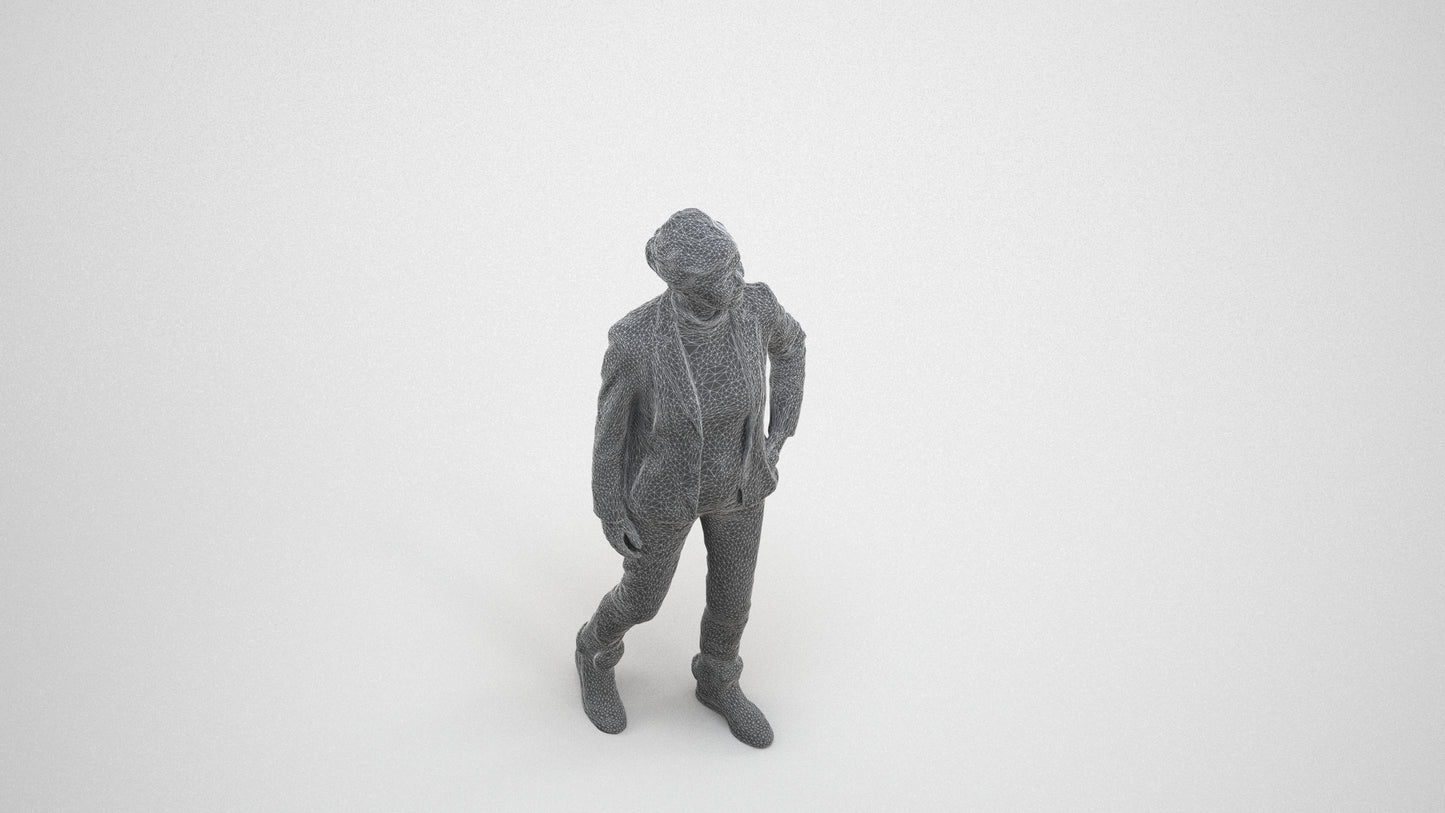 realistic 3D human senior woman business standing, archviz people FBX OBJ for Blender, wireframe three-quarter view