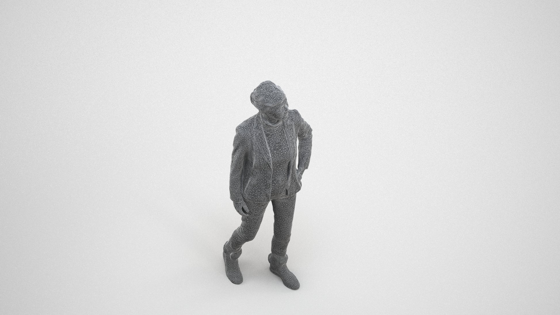 realistic 3D human senior woman business standing, archviz people FBX OBJ for Blender, wireframe three-quarter view