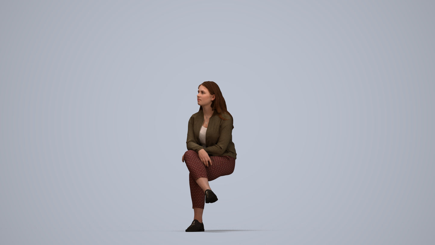 3D human model woman casual sitting, photogrammetry scanned person for archviz, top-down view render