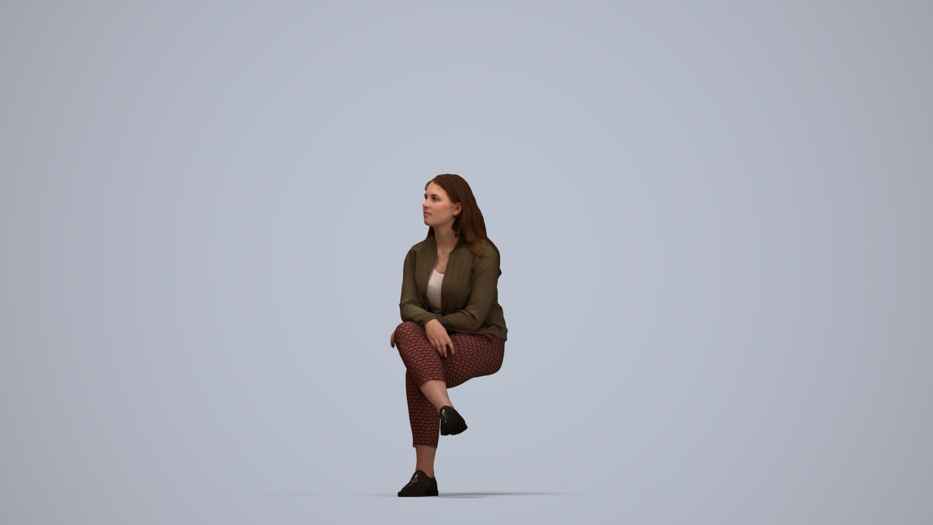 3D human model woman casual sitting, photogrammetry scanned person for archviz, top-down view render