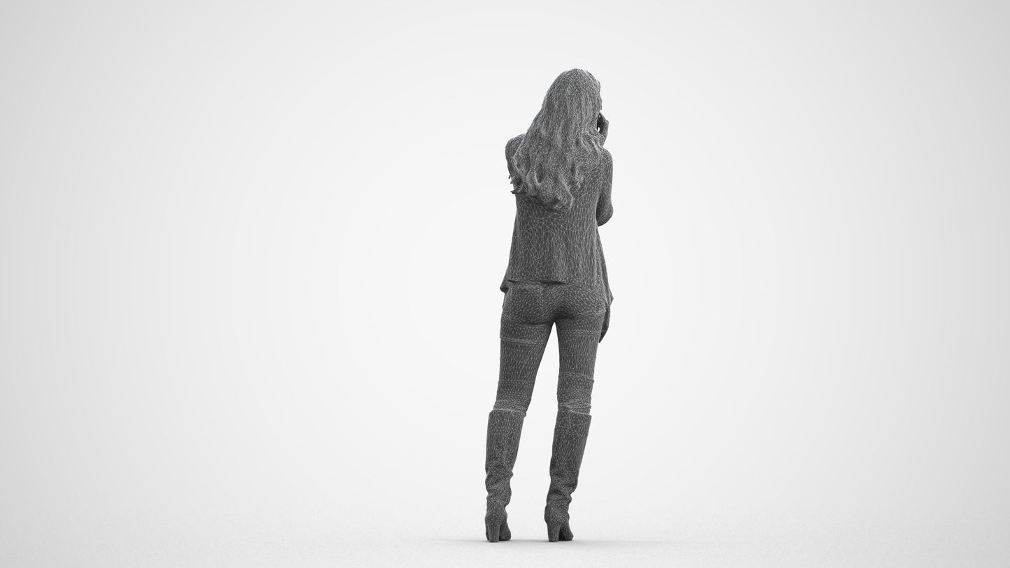 realistic 3D human woman casual standing, archviz people FBX OBJ for Blender, wireframe front view