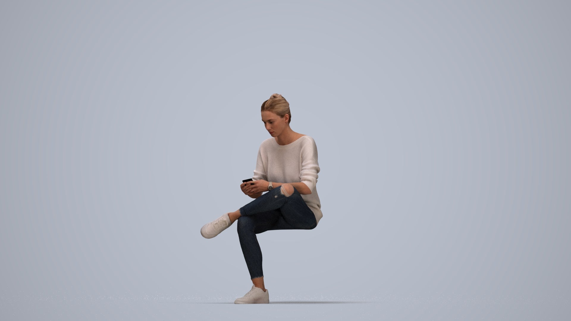 photogrammetry 3D woman casual sitting, realistic human model archviz FBX, top-down view render