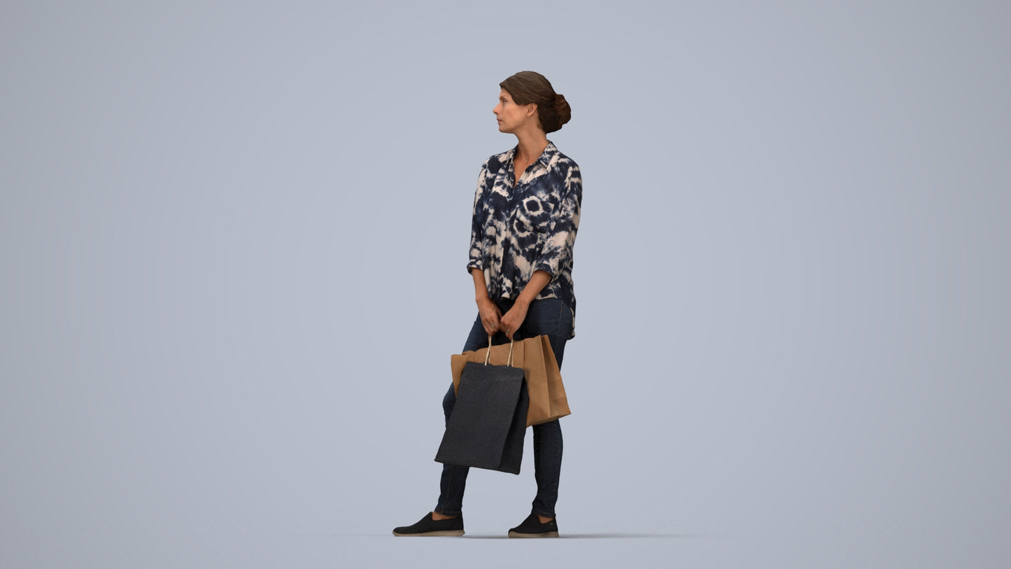 realistic 3D human woman casual shopping, archviz people FBX OBJ for Blender, top-down view render