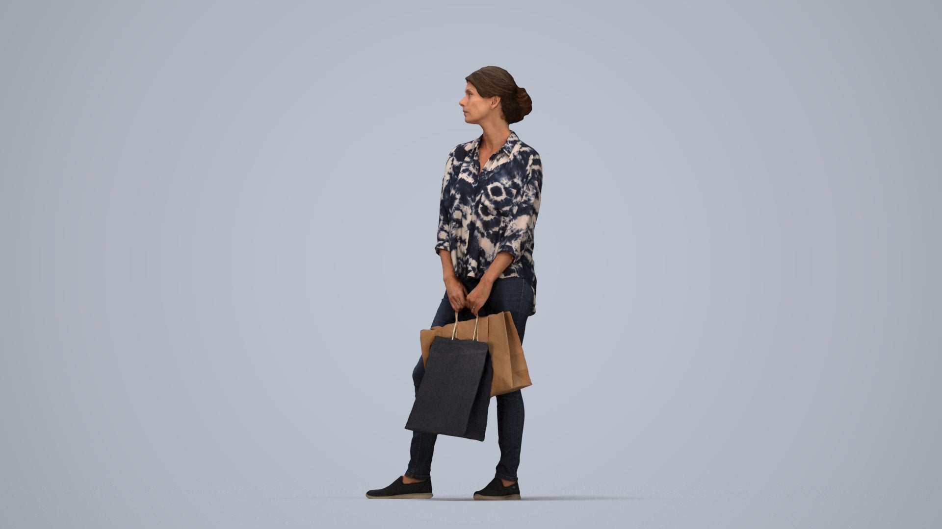 realistic 3D human woman casual shopping, archviz people FBX OBJ for Blender, top-down view render