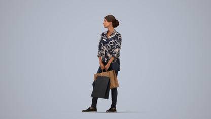 realistic 3D human woman casual shopping, archviz people FBX OBJ for Blender, top-down view render