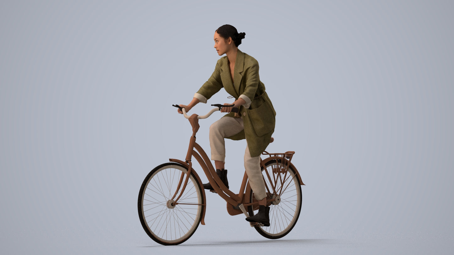 scanned 3D woman casual cycling, photogrammetry people for Enscape and V-Ray, three-quarter view render
