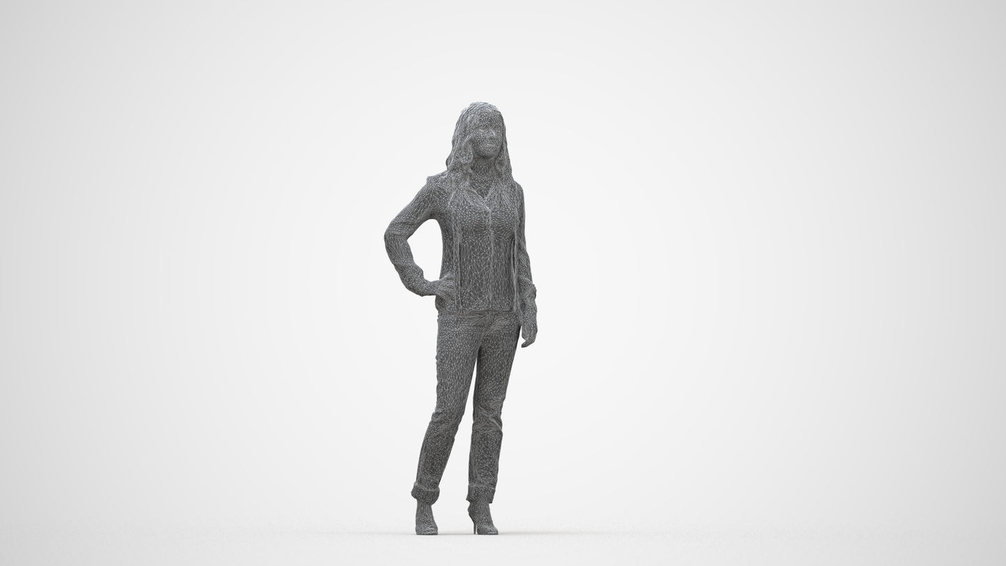 3D people model woman casual standing, scanned human for 3ds Max rendering, wireframe back view