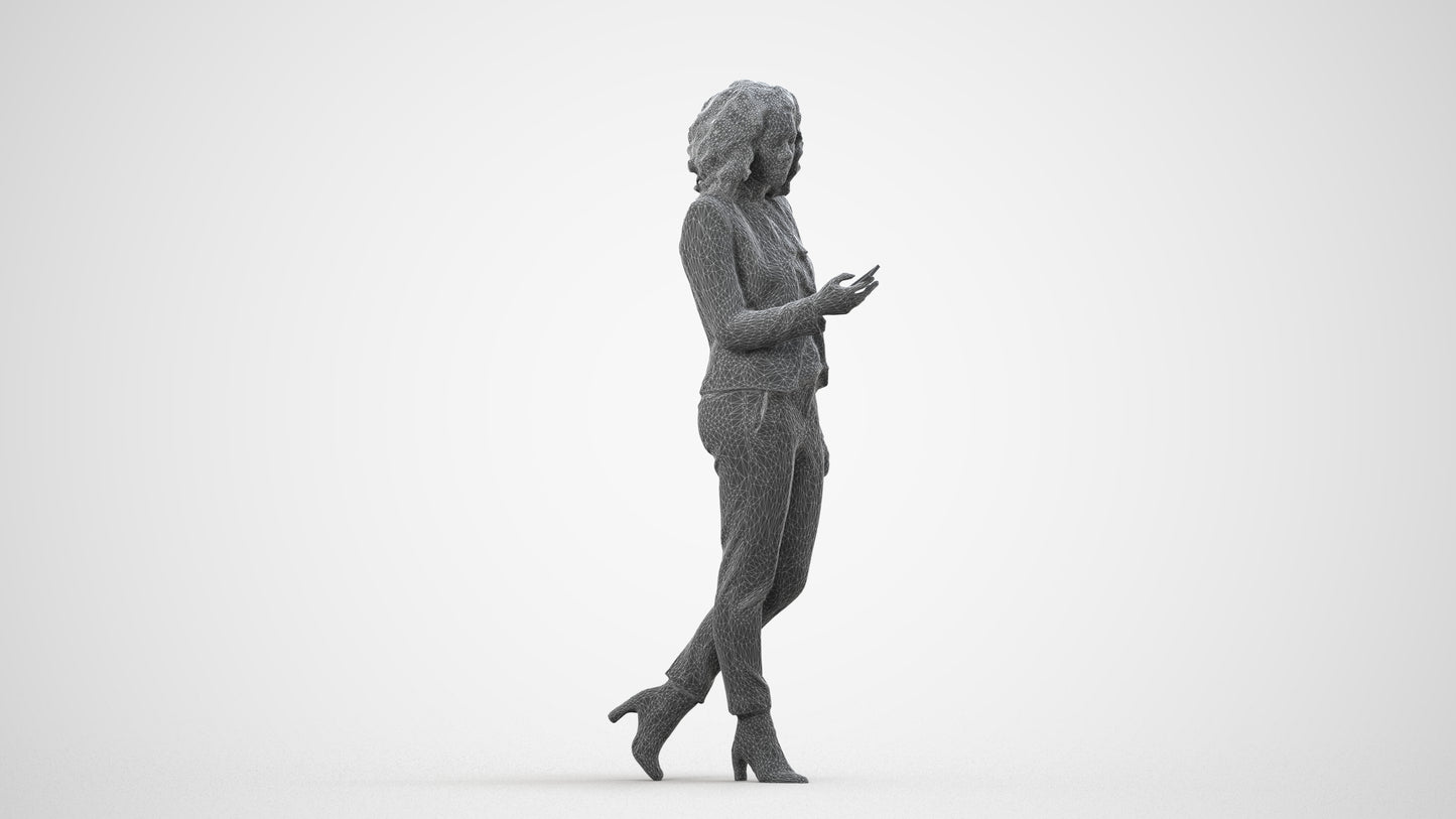 realistic 3D woman business walking, scanned archviz people for Blender and 3ds Max, wireframe side view