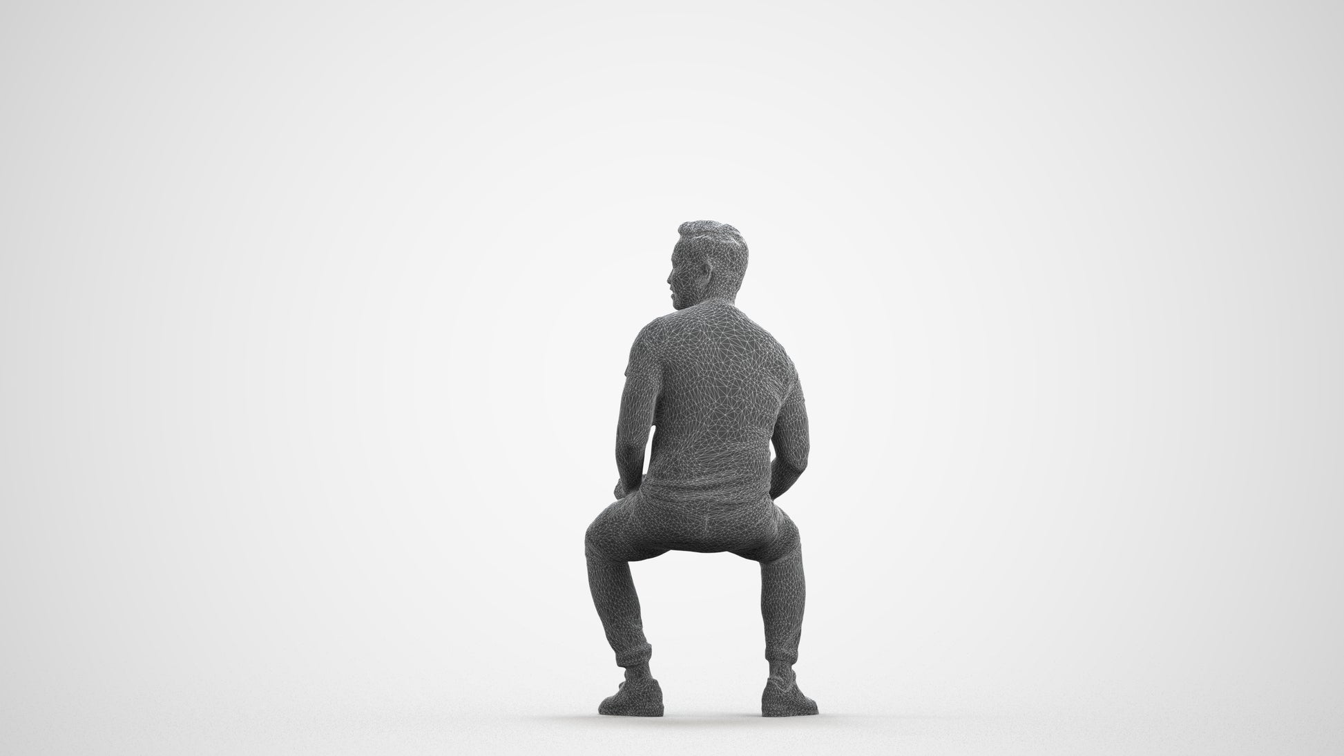 realistic 3D man casual sitting, scanned archviz people for Blender and 3ds Max, wireframe front view