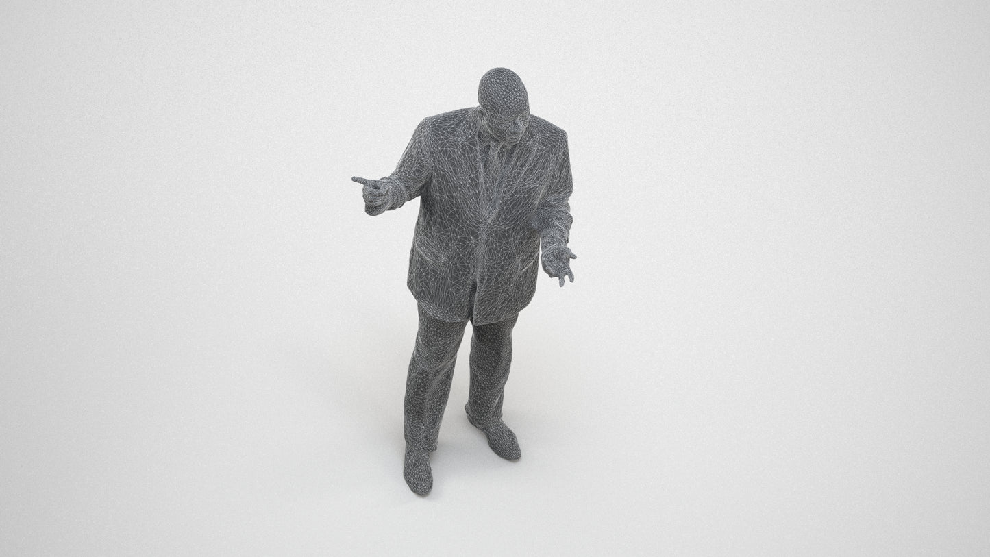 realistic 3D human man business, archviz people FBX OBJ for Blender, wireframe three-quarter view