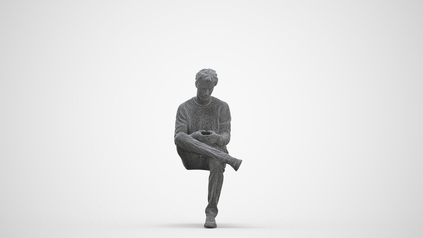3D scanned man sitting casual, photorealistic archviz people for Enscape and SketchUp, three-quarter front view render