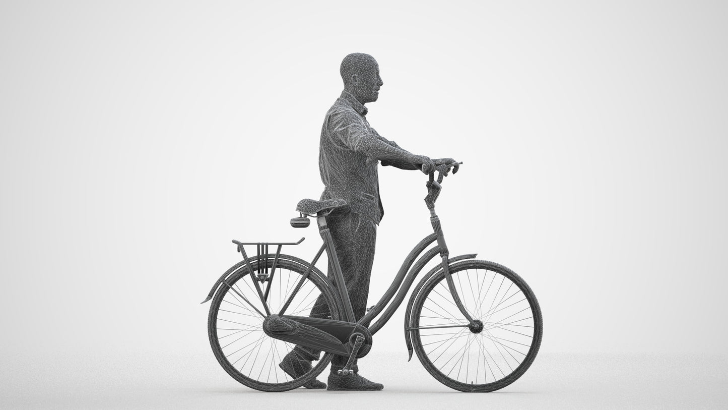 3D human model man business cycling, photogrammetry scanned person for archviz, wireframe side view