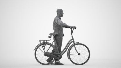 3D human model man business cycling, photogrammetry scanned person for archviz, wireframe side view
