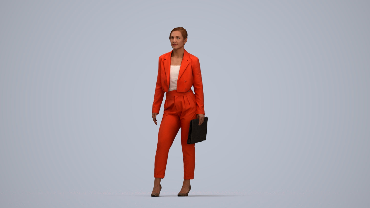 3D human model woman business, photogrammetry scanned person for archviz, top-down view render