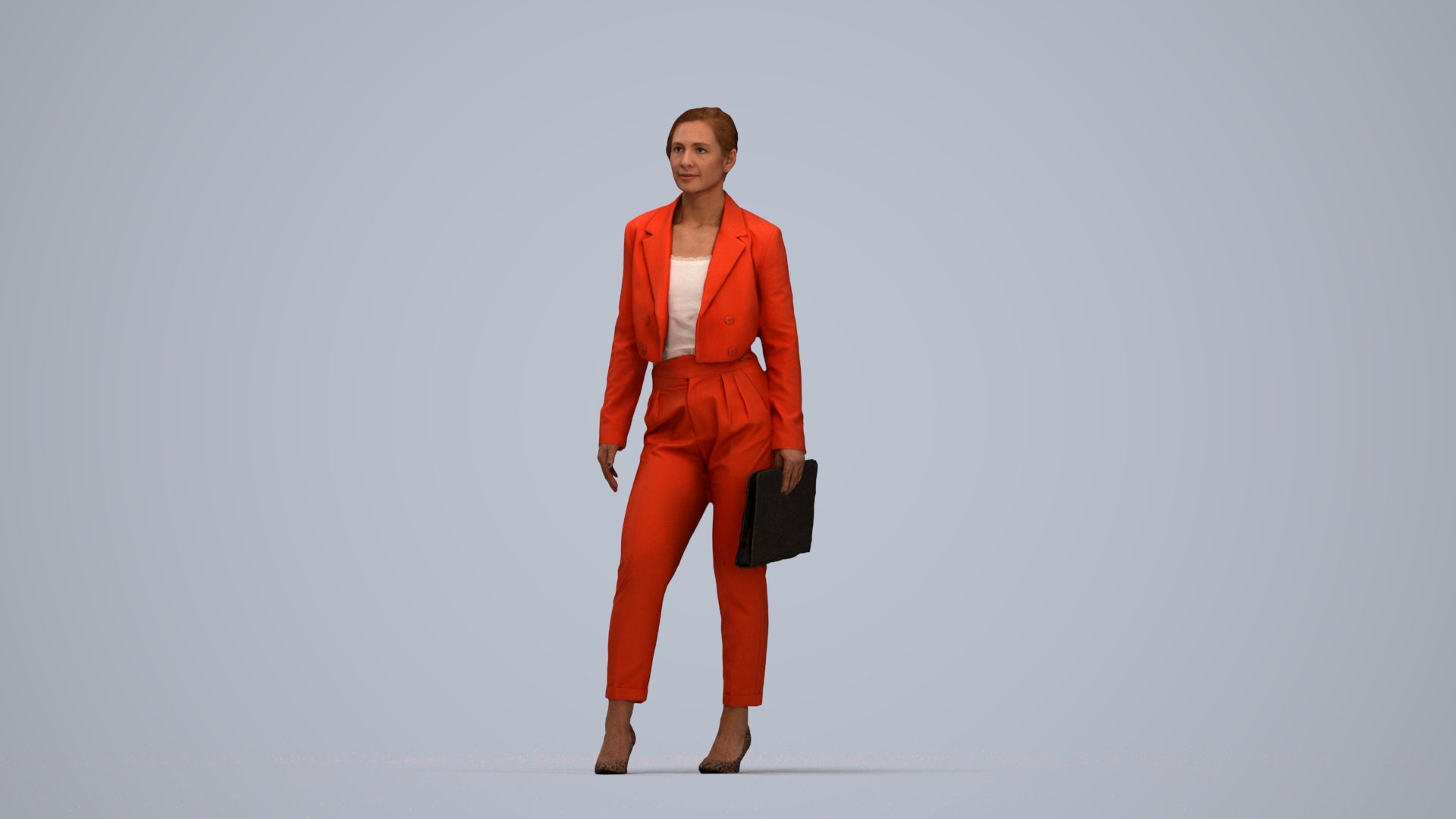 3D human model woman business, photogrammetry scanned person for archviz, top-down view render