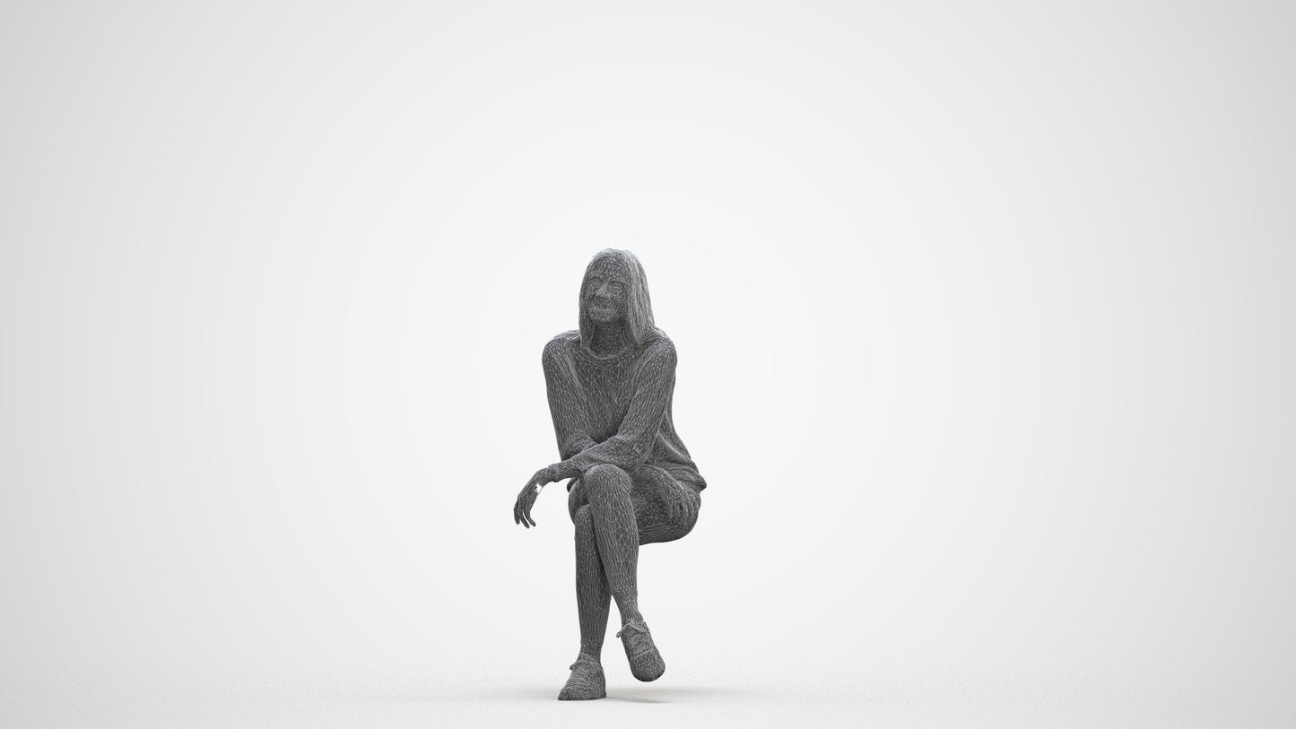 3D people model woman casual sitting, scanned human for 3ds Max rendering, three-quarter front view render