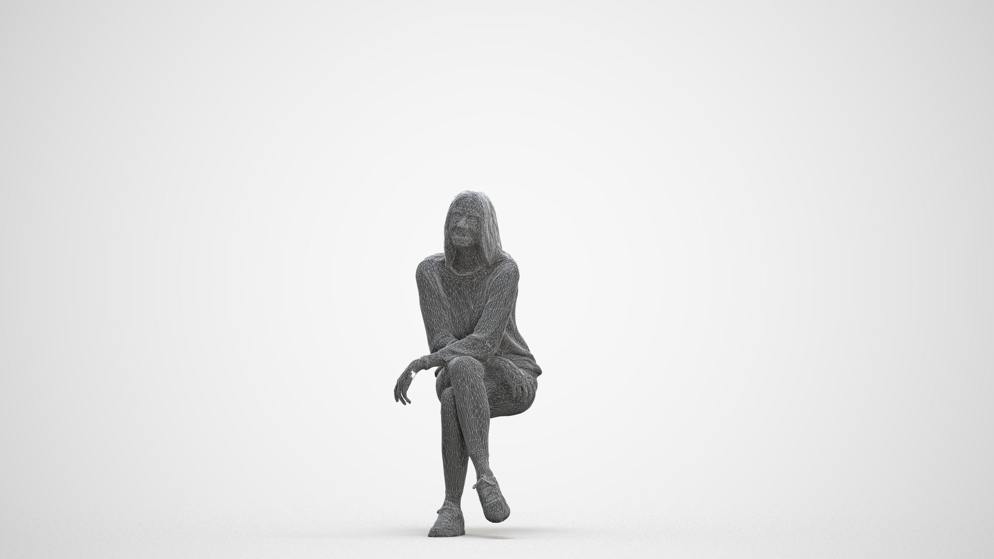 3D people model woman casual sitting, scanned human for 3ds Max rendering, three-quarter front view render