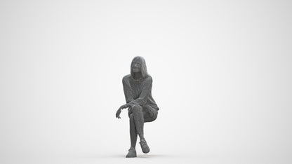 3D people model woman casual sitting, scanned human for 3ds Max rendering, three-quarter front view render