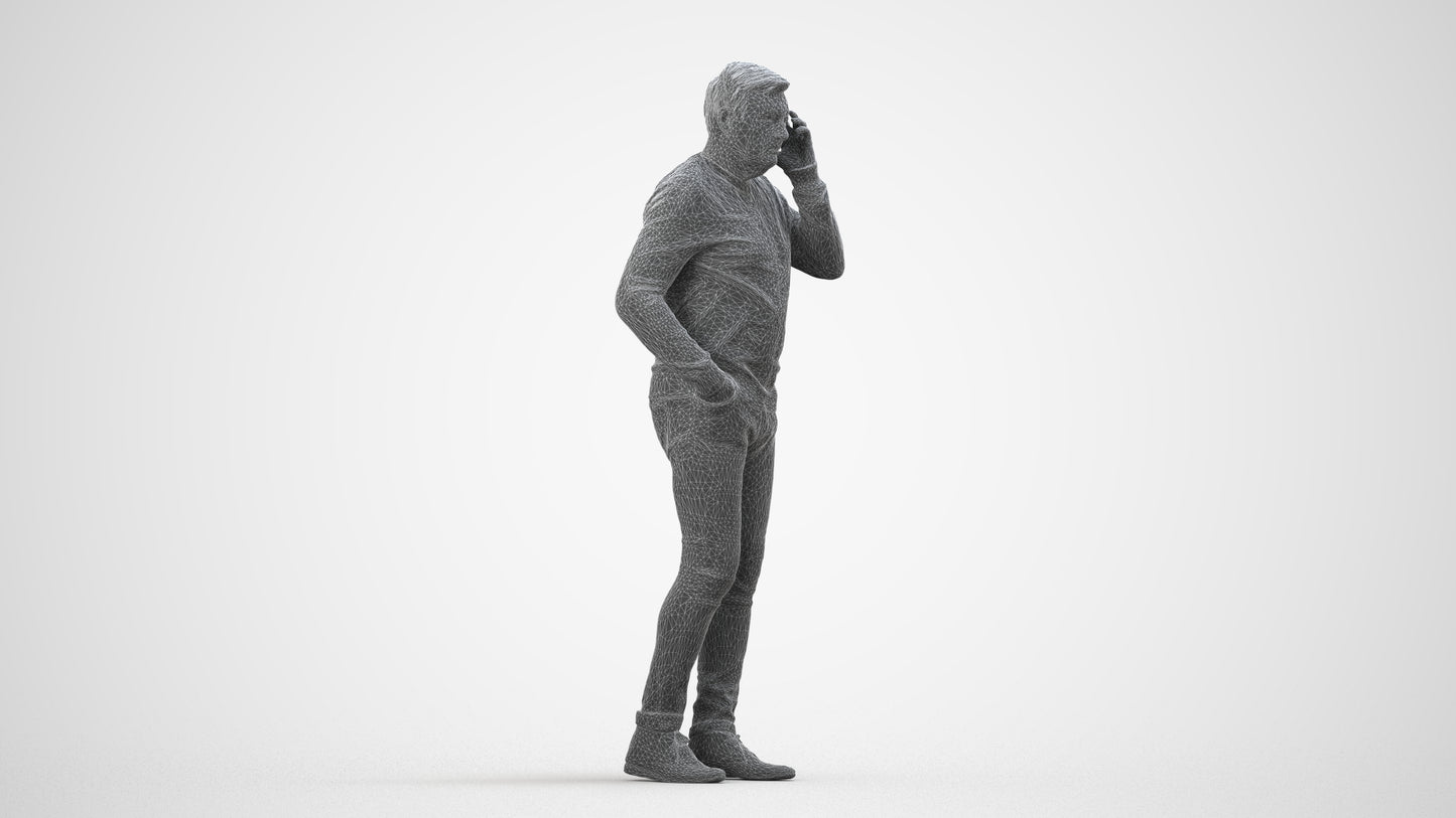 3D human model man casual standing, photogrammetry scanned person for archviz, wireframe side view