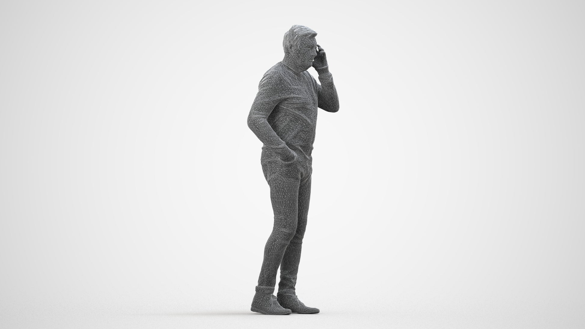 3D human model man casual standing, photogrammetry scanned person for archviz, wireframe side view