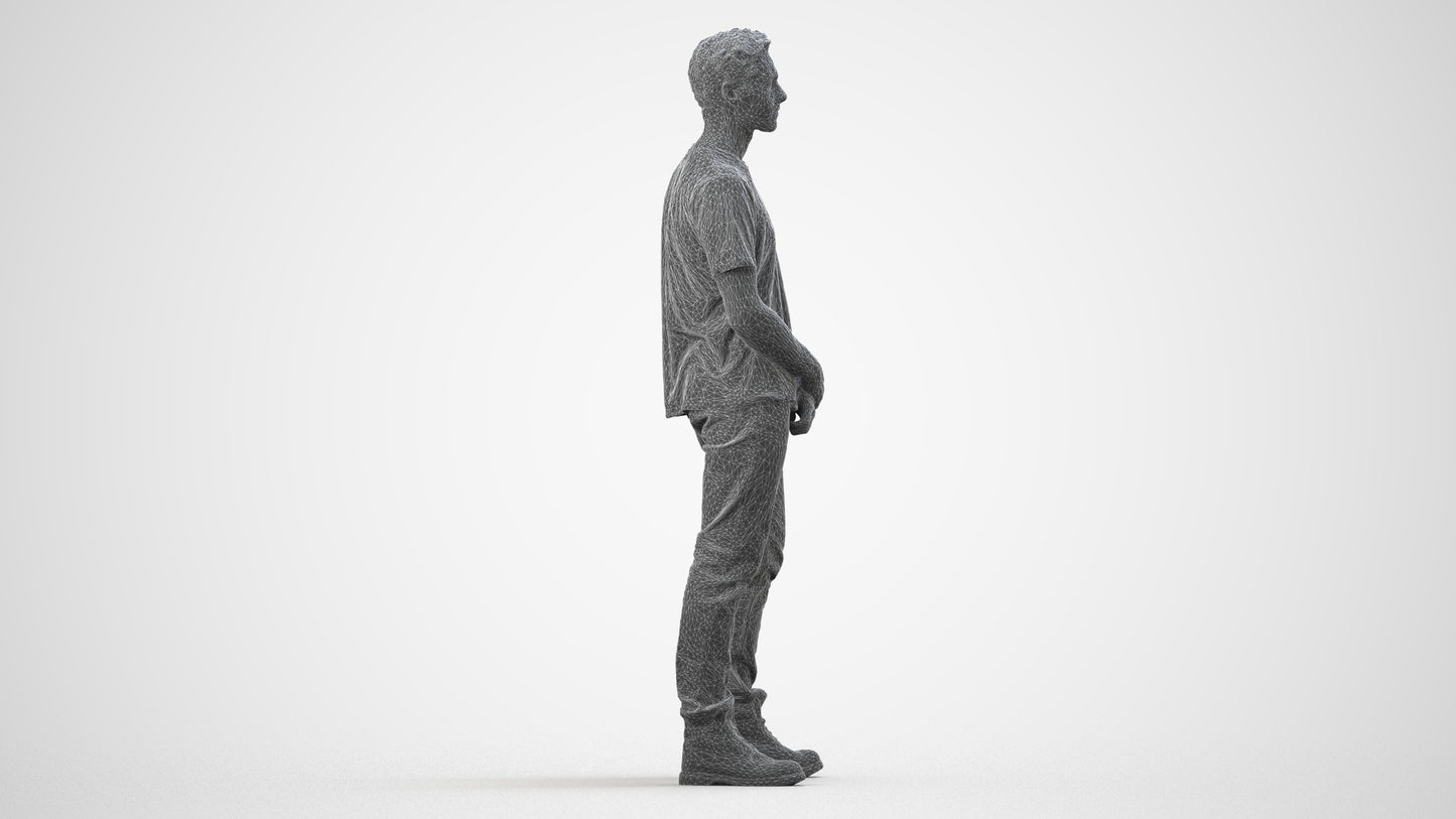 3D human model man casual standing, photogrammetry scanned person for archviz, wireframe side view