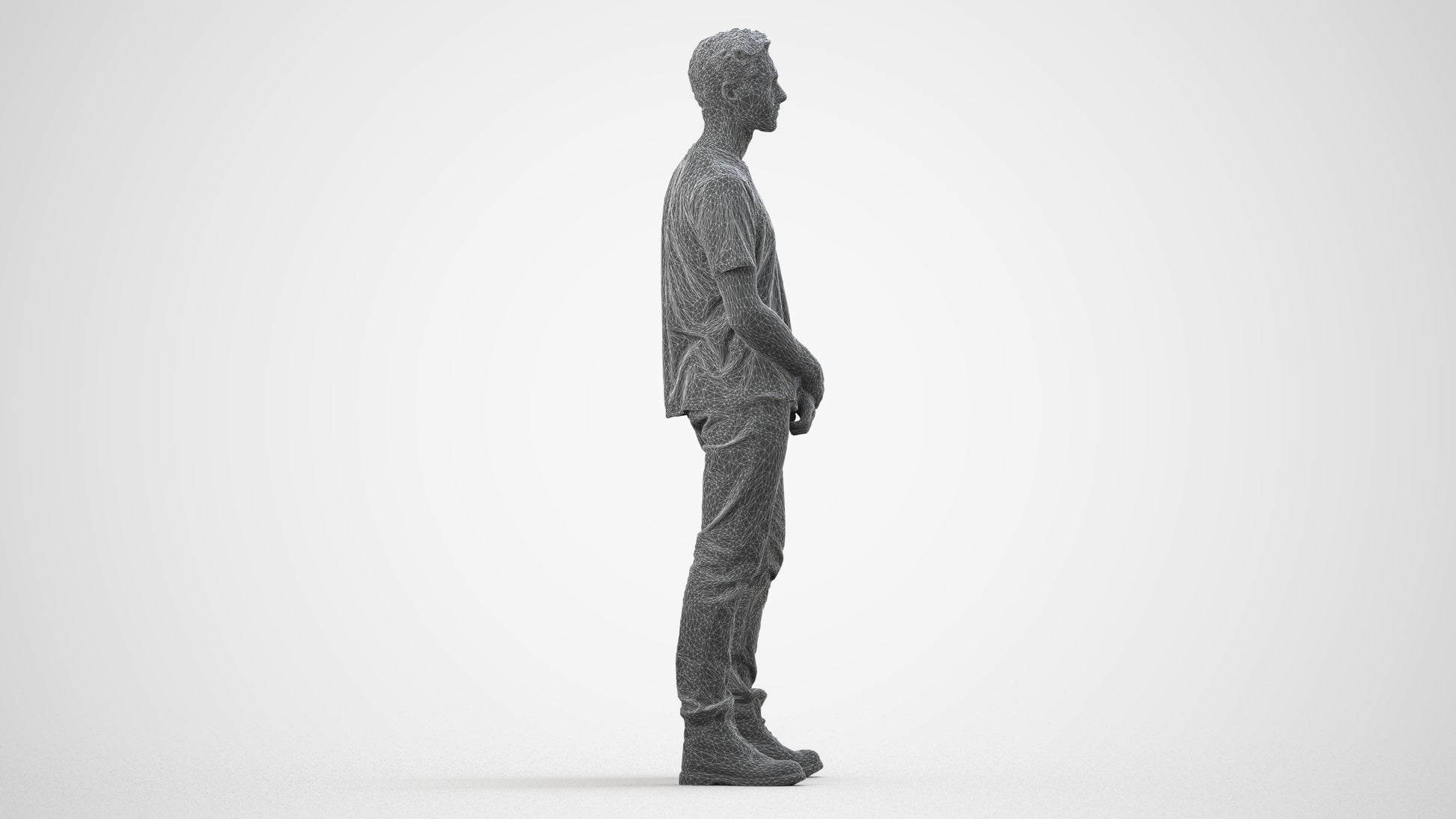 3D human model man casual standing, photogrammetry scanned person for archviz, wireframe side view