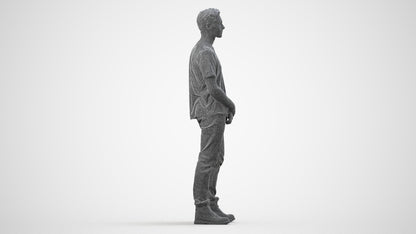 3D human model man casual standing, photogrammetry scanned person for archviz, wireframe side view