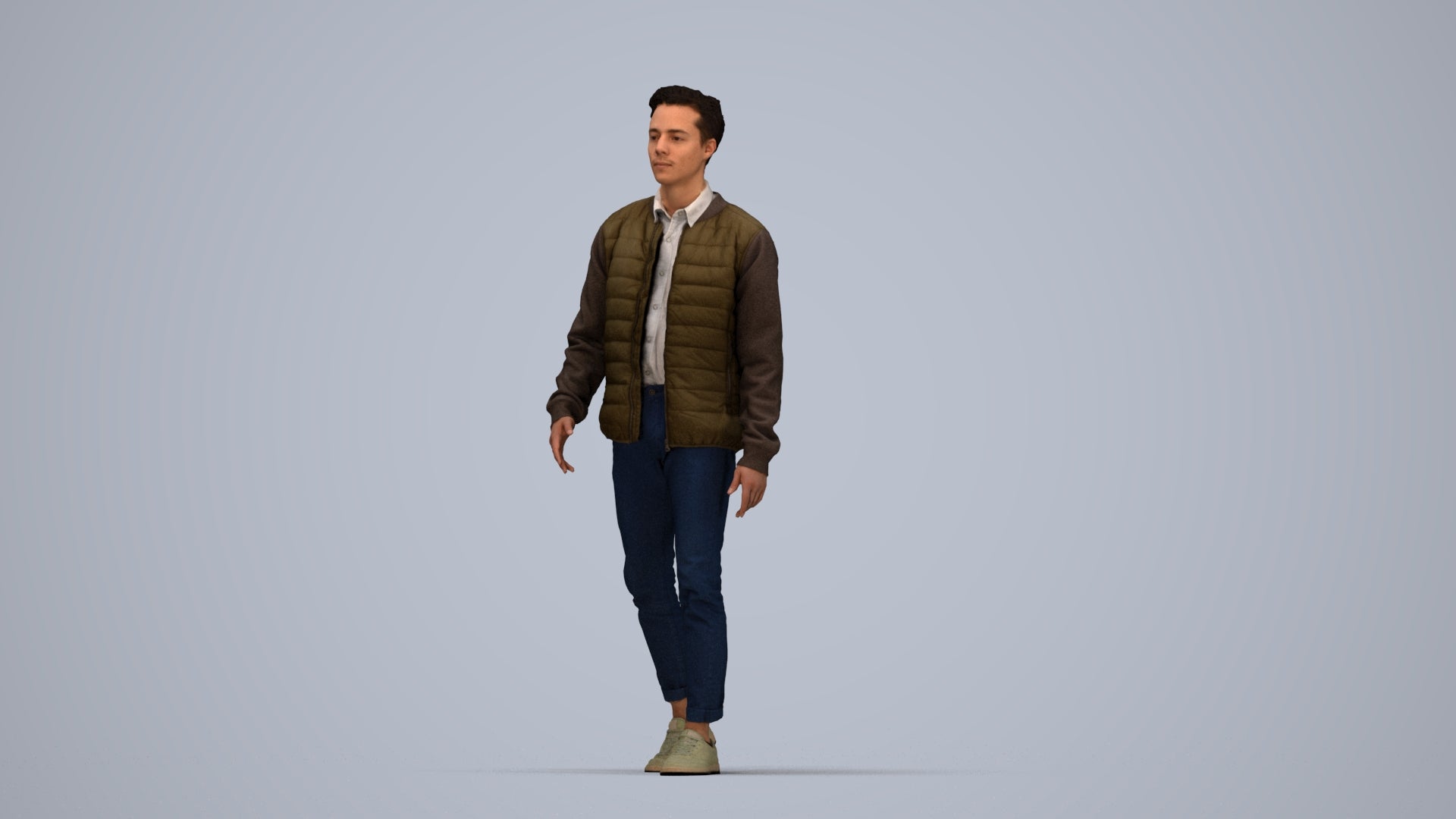 photogrammetry 3D man casual walking, realistic human model archviz FBX, top-down view render