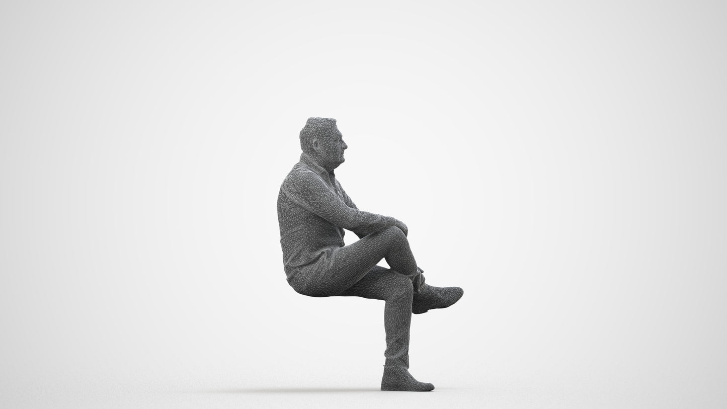 3D human model man casual sitting, photogrammetry scanned person for archviz, wireframe side view