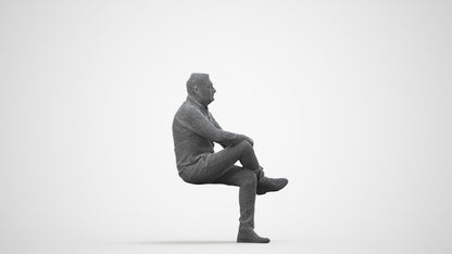 3D human model man casual sitting, photogrammetry scanned person for archviz, wireframe side view