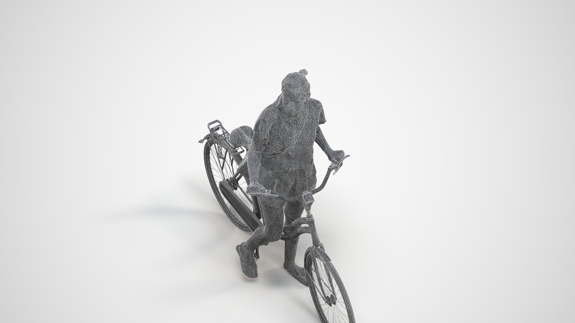 realistic 3D woman casual cycling, scanned archviz people for Blender and 3ds Max, wireframe three-quarter view