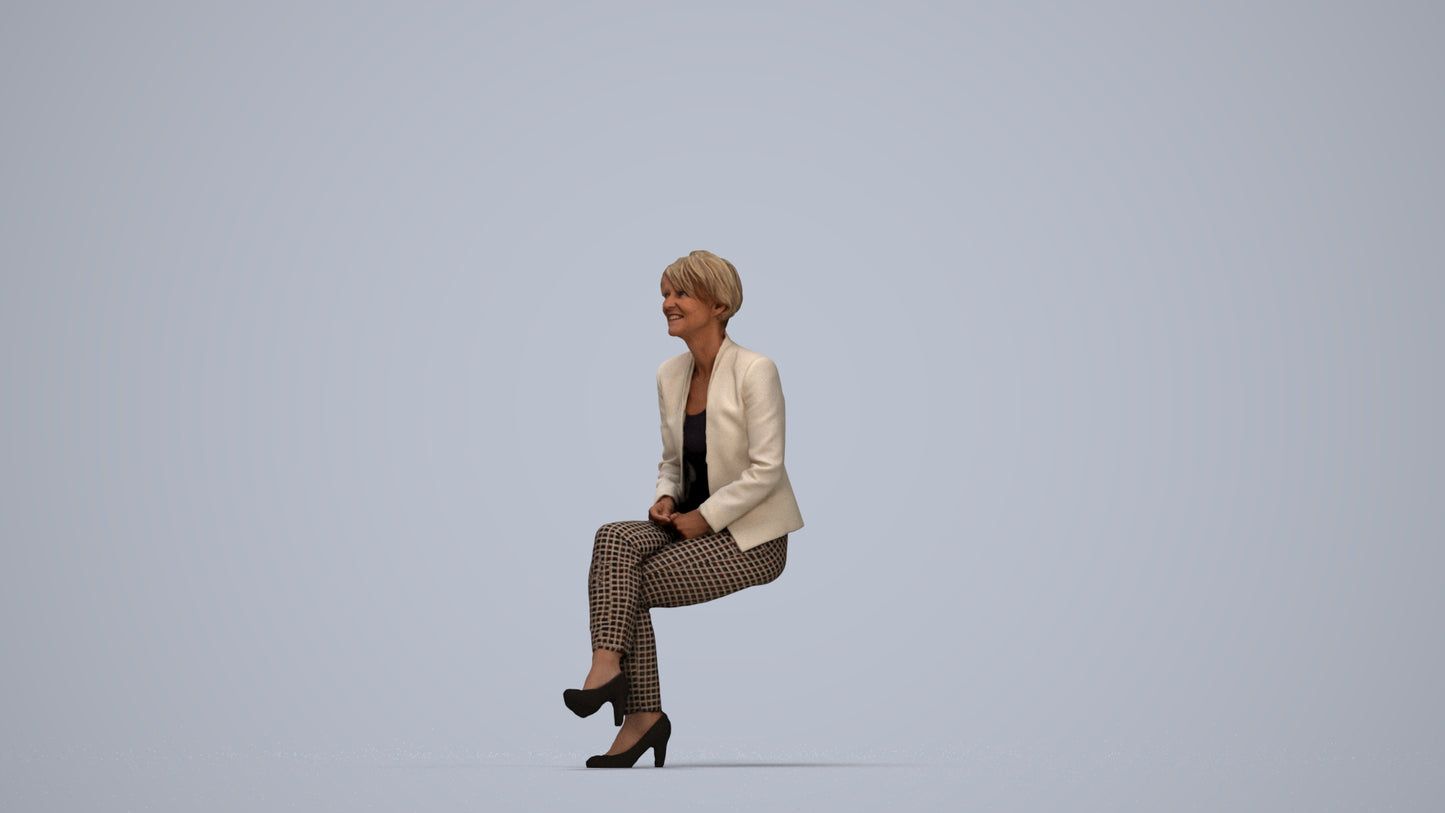 3D human model senior woman business sitting, photogrammetry scanned person for archviz, top-down view render