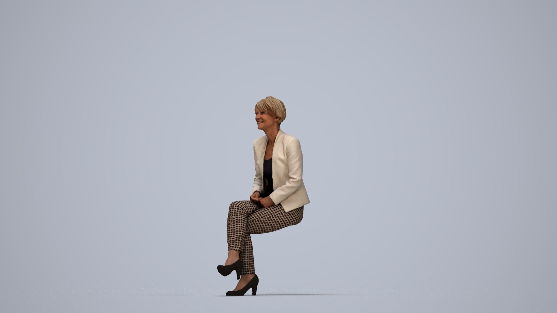 3D human model senior woman business sitting, photogrammetry scanned person for archviz, top-down view render