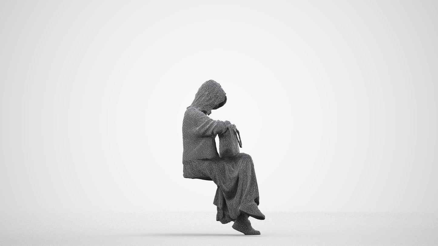 realistic 3D woman casual sitting, scanned archviz people for Blender and 3ds Max, wireframe side view