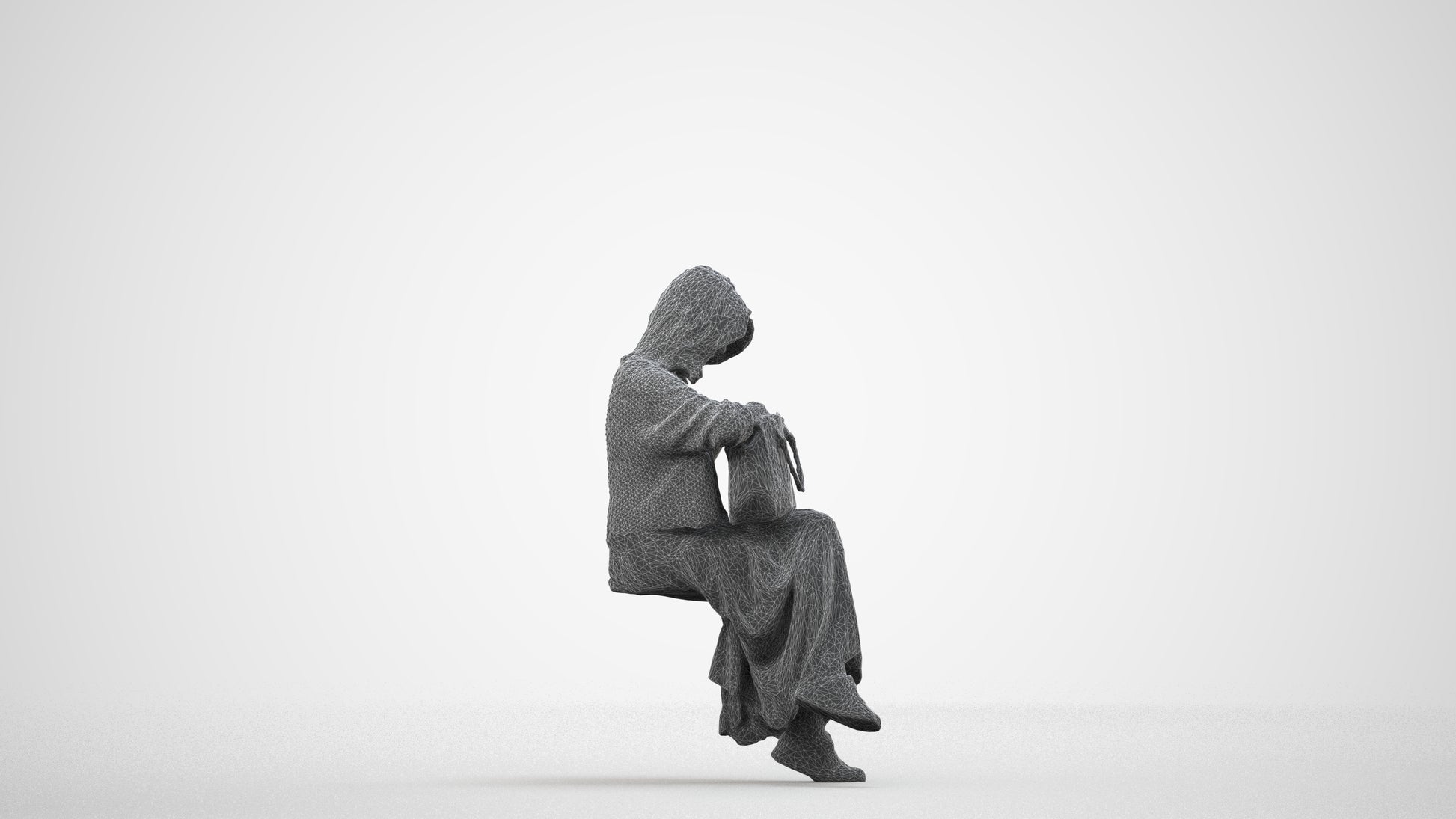 realistic 3D woman casual sitting, scanned archviz people for Blender and 3ds Max, wireframe side view