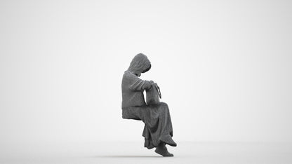 realistic 3D woman casual sitting, scanned archviz people for Blender and 3ds Max, wireframe side view