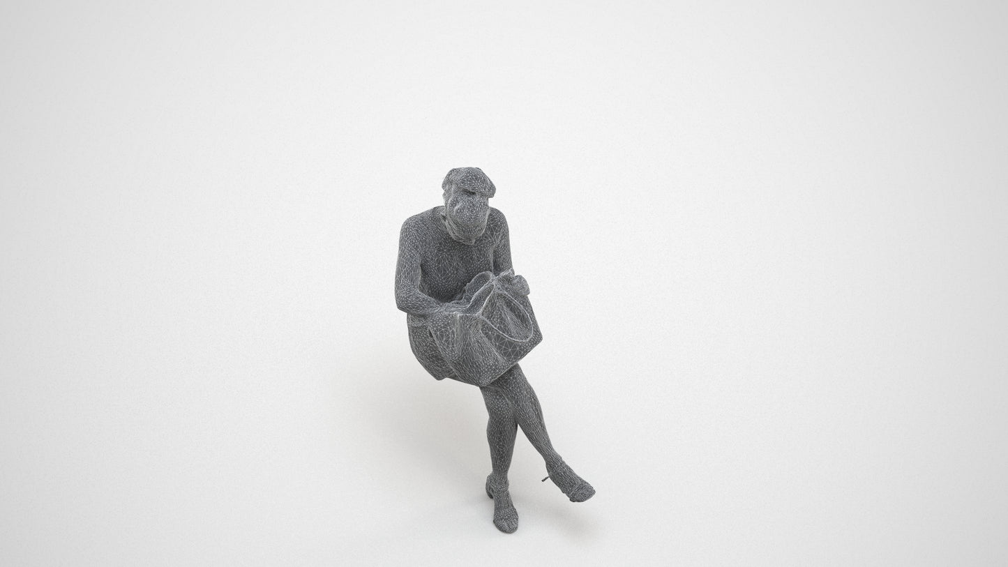 3D people model woman casual sitting, scanned human for 3ds Max rendering, wireframe three-quarter view