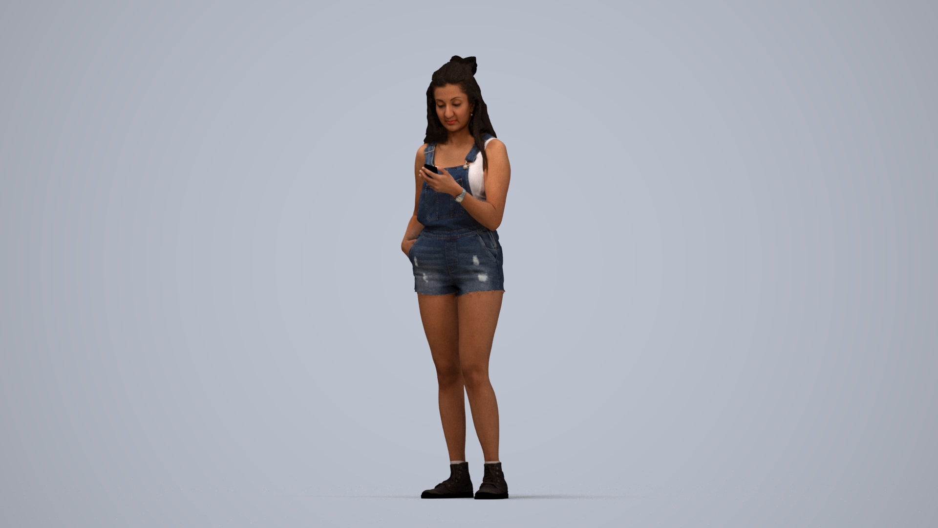 realistic 3D people woman casual standing, render-ready for V-Ray and Corona, FBX OBJ, top-down view render